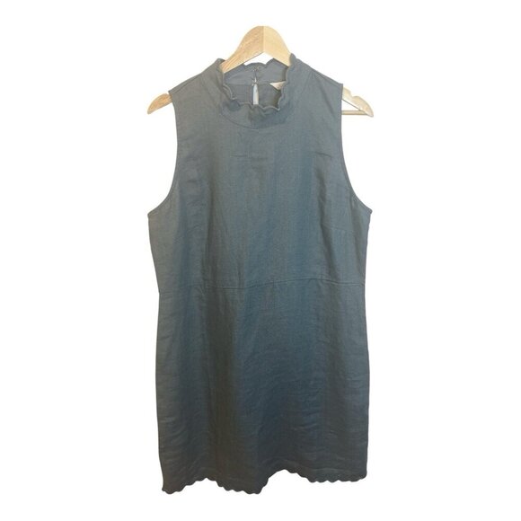 Garnet Hill Scalloped Edge Linen Dress Size 14 Seafoam Teal Sleeveless Collared - Picture 2 of 11